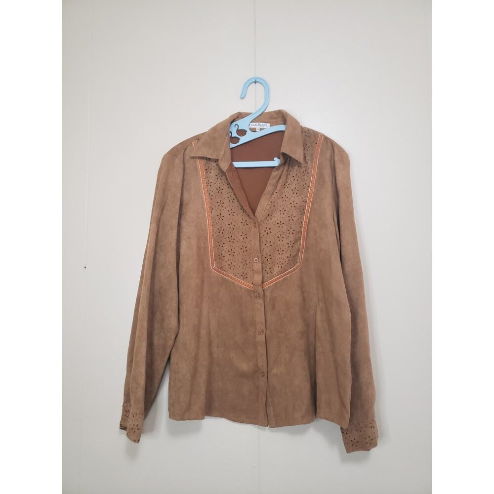 Claudia Richard Womens XL Blouse Faux Suede Cutout Floral Western Tan Button Up - Picture 1 of 6
